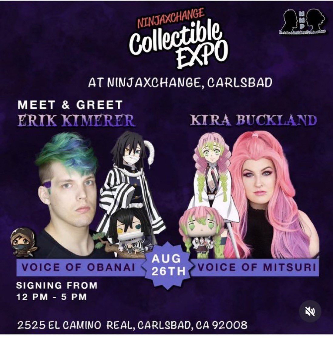 I’ll be signing this weekend with @KiraBuckland in Carlsbad, CA! Come out to #NinjaXChange on Sat 8/26 to meet Obanai & Mitsuri together! #DemonSlayer