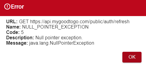 Heads up <a href="/GoodToGoWSDOT/">WSDOT Good To Go!</a>, failure to make a payment on your site currently due to a Null pointer exception:

RL: GET api.mygoodtogo.com/public/auth/re…
Name: NULL_POINTER_EXCEPTION
Code: 5
Description: Null pointer exception.
Message: java.lang.NullPointerException