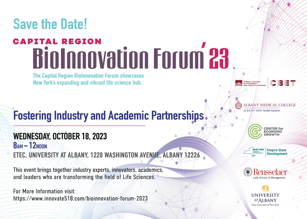 Mark your calendars! This year's BioInnovation Forum is taking place on Wednesday, Oct. 18 from 8 am to 12 pm. For more information, visit bit.ly/44eVUIs. We're proud to partner with <a href="/Innovate518/">Innovate 518</a>, <a href="/AlbanyMed/">Albany Med Health System</a>, <a href="/CEG_NY/">CEG</a>, <a href="/EmpireStateDev/">Empire State Development</a>, <a href="/rpi/">Rensselaer Polytechnic Institute</a>, and <a href="/ualbany/">University at Albany</a>.