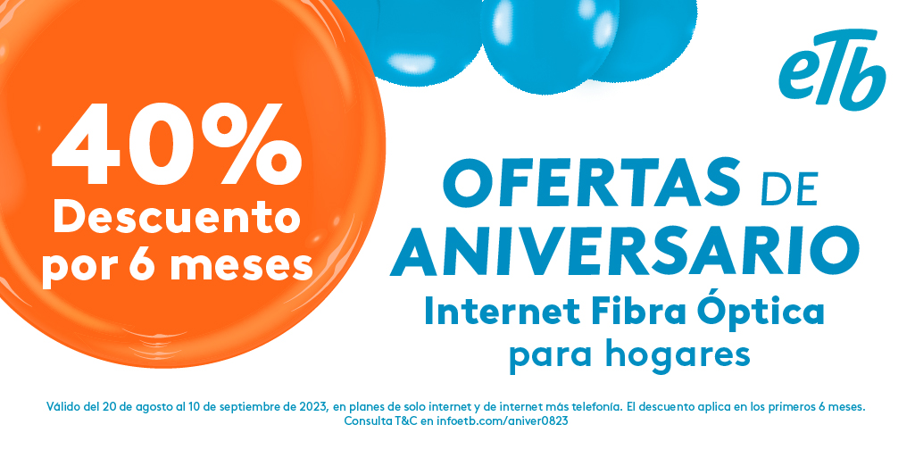 kath_mp's tweet photo. Aprovecha este Aniversario ETB y celebra con el plan de Fibra Óptica ETB con 40% de descuento por 6 meses. 💙 Adquierelo aquí: https://t.co/mSXhMh1p73 https://t.co/JaUmxoFvpp