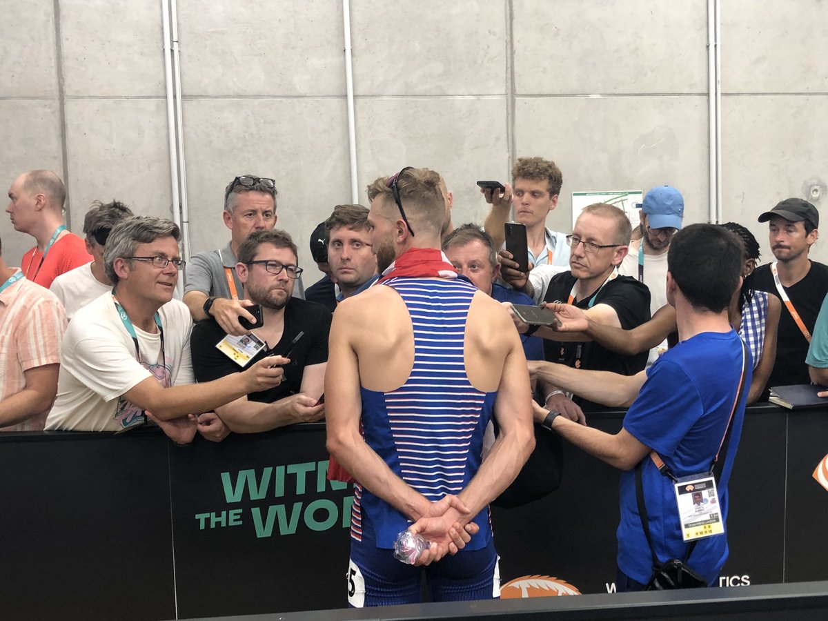 Shortly after his thrilling #WorldAthleticsChamps win in the 1500, Great Britain/Scotland’s Josh Kerr (<a href="/joshk97/">Josh Kerr</a>) is a very popular man in the mixed zone.