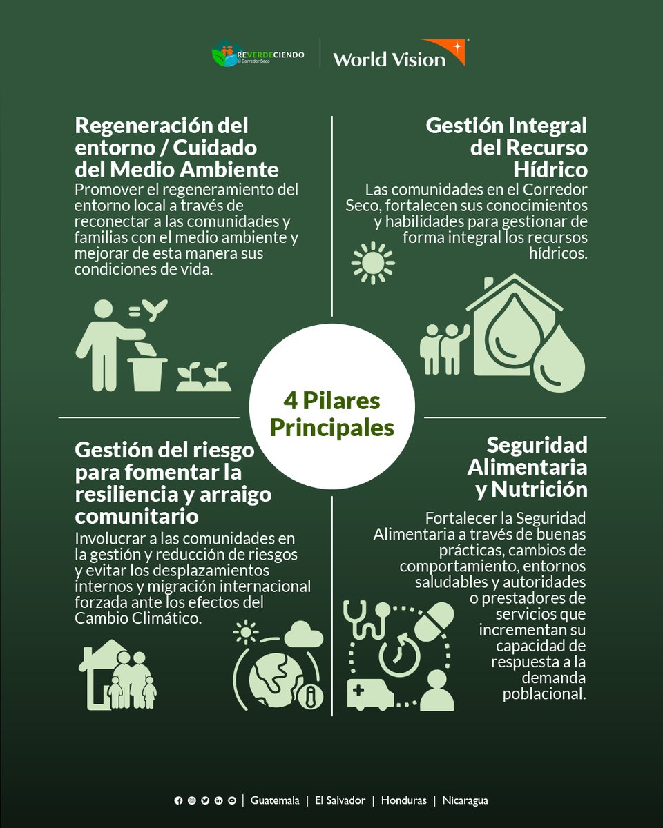 WorldVisionSV's tweet photo. Conoce los 4 pilares principales que aborda la iniciativa #ReverdeciendoELCorredorSeco 🌱.

Nuestra gran meta es impactar la vida de más de 10 millones de personas vulnerables que habitan en la región.

#FuturoSostenible #WorldVision #PorLosNiños https://t.co/jSyzyy01zW