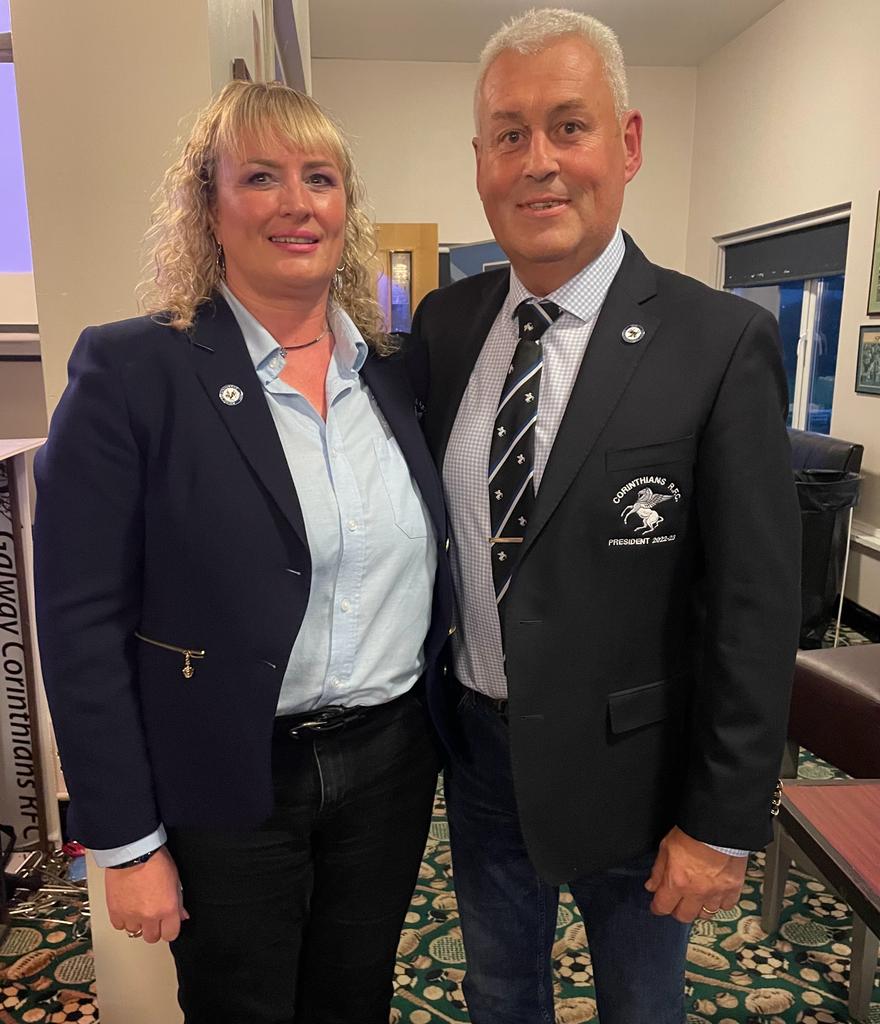 CorinthiansRFC's tweet photo. History was made this evening with the election of @Cromes as President of Galway Corinthians RFC. Our first ever Woman President.
Yvonne is pictured here moments after her election with outgoing President Brian Murphy.
@IrishRugby @IrishWomens @connachtrugby @Connachtwomen https://t.co/a3nw0VqjU1