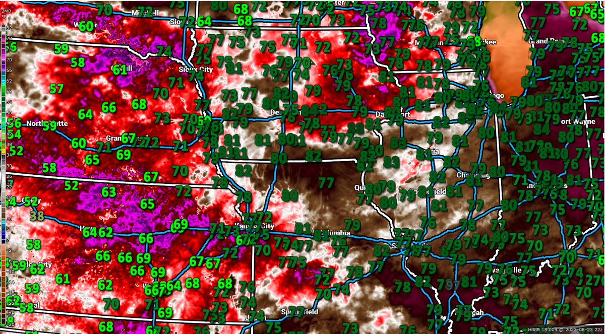 WilliamScherer3's tweet photo. @ImNotUrMommy Dangerous! Air temps. +/- 100. That's not the real temperature. High #Dewpoints U70s to M80s=heat indices above 130F again today in #Iowa. That's deadly. Heat is the #1 wx killer yet gets the least attention.🤨🙄#IAwx #ILwx #OKwx #TXwx #WIwx #MNwx #COwx #MOwx #Heat #Heatwave #Hot https://t.co/0PUxnnrgof