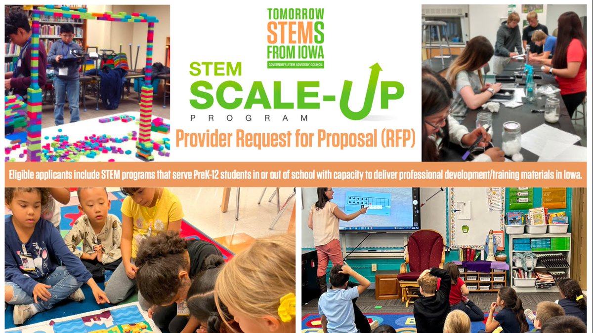 STEM_SE_Iowa's tweet photo. #IowaSTEM is seeking program providers for the 2024-2025 #ScaleUpProgram! Eligible applicants include STEM programs that serve PreK-12 students in or out of school with ability to deliver PD/training materials in Iowa. RFP is due by September 19.
https://t.co/KnhkxZK7IQ https://t.co/pE3wAprfcm