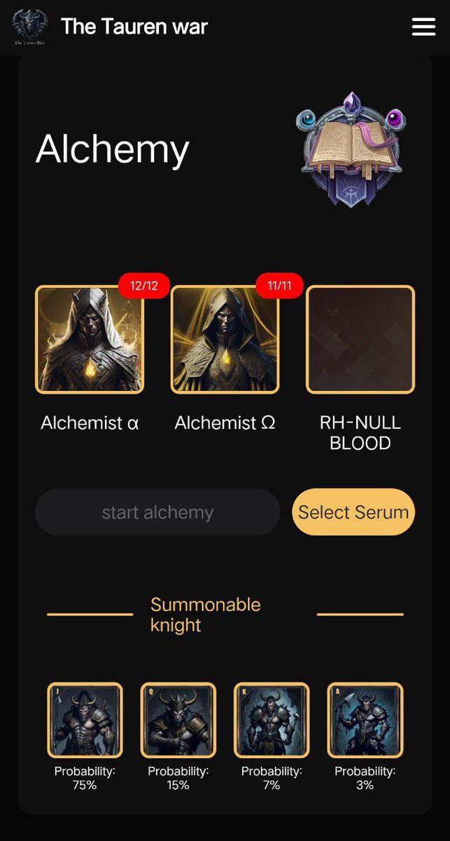 Tauren_war's tweet photo. Third: Go to Alchemy page using BLOOD and two NFTS to get Knight NFTs https://t.co/GXtK1LZctq