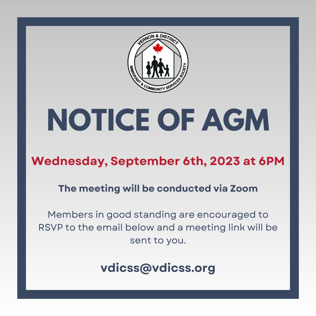 vernoniss's tweet photo. Our Annual General Meeting has been rescheduled for Wednesday, September 6th, 2023 at 6PM.

Membership is only $5 and free to VDICSS clients.

For more information regarding membership or to RSVP please email vdicss@vdicss.org https://t.co/tTbdYwkI91