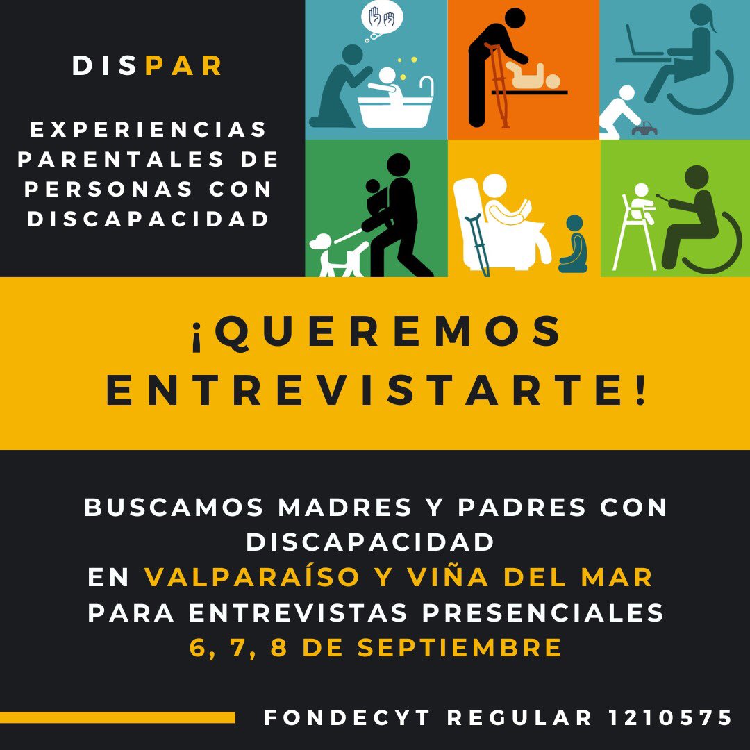 ¡Hola!
Buscamos madres y padres con discapacidad en VALPARAÍSO Y VIÑA DEL MAR interesadas en ser entrevistadas de manera presencial los días 6, 7 u 8 de septiembre.
Si quieres participar mándanos un DM o envíanos un correo a fondecytdispar@gmail.com