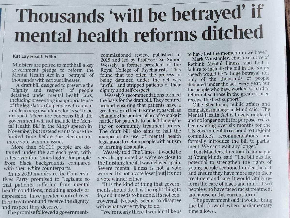 This! 👇Important that the planned Mental Health Act reforms go through for the reasons below. It’s about tackling inequalities &amp; promoting dignity/respect for people with severe mental health challenges. Not a vote winner but the right thing to do.