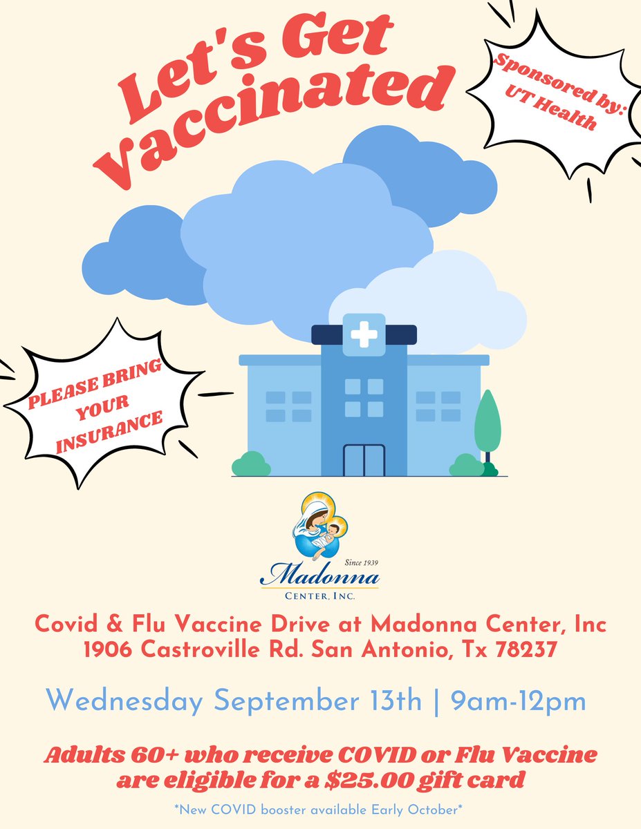 Stop by on September 13th to get your vaccines! Adults 60+ are eligible for a $25 gift card for receiving a vaccine!