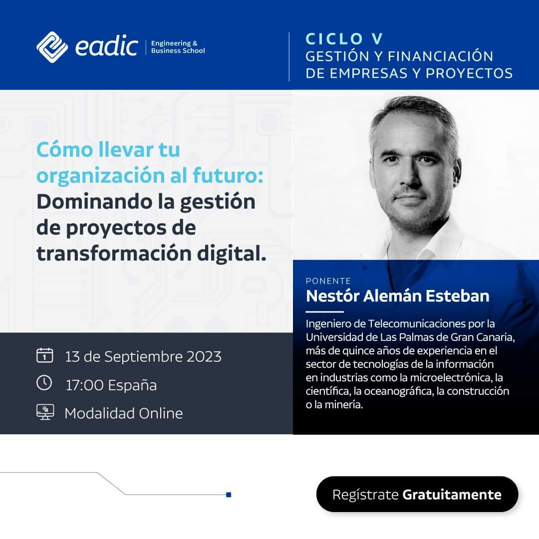 El próximo 13 de septiembre, de la mano de EADIC imparto un webinar sobre mi experiencia y mi punto de vista sobre los proyectos de transformación digital. Inscripción gratuita, aquí 👉 lnkd.in/dpHUQgV9

#transformacióndigital #gestiondeproyectos