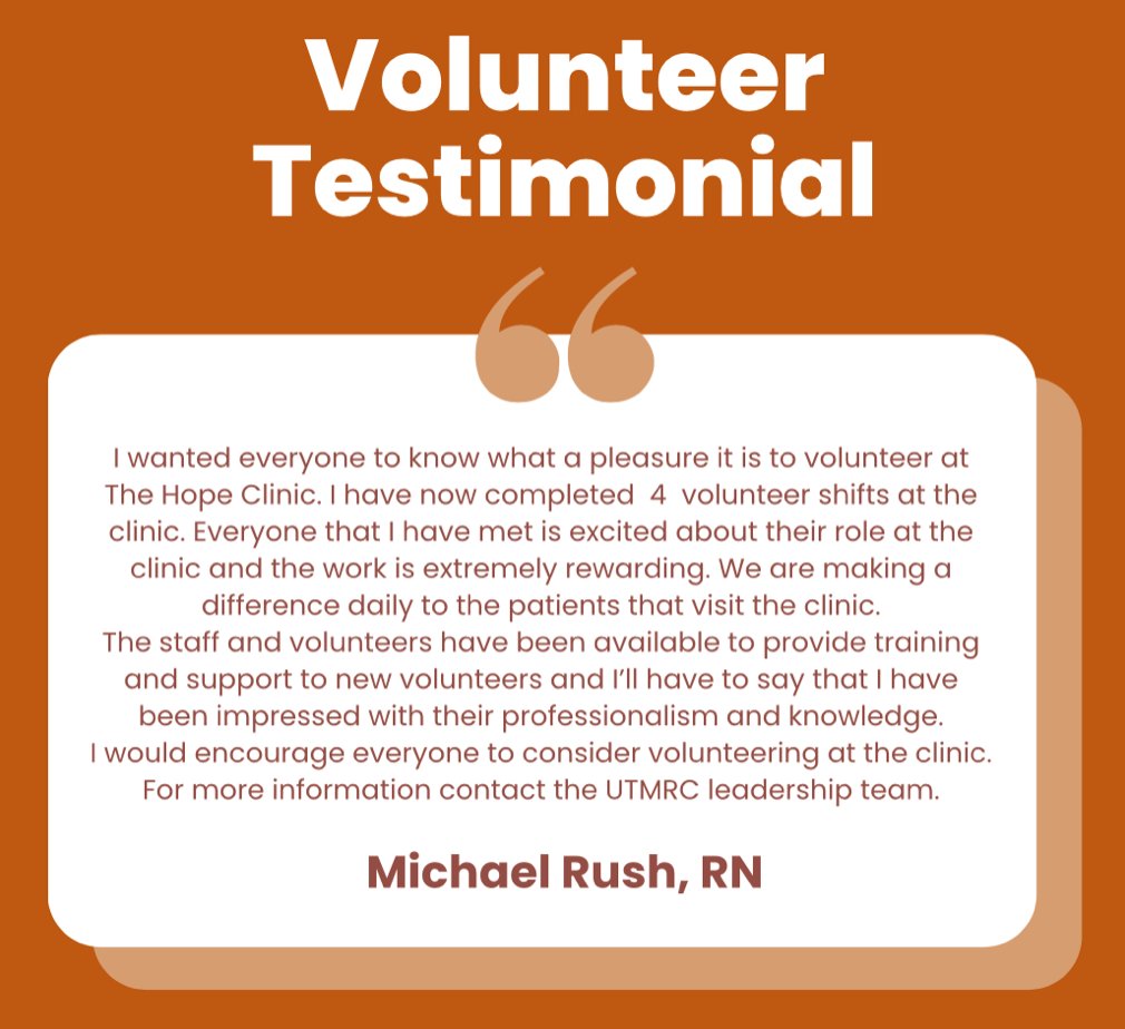 UTMedCorps's tweet photo. We received an awesome testimonial from one of our volunteers, Michael Rush, RN. He had the opportunity to volunteer at the Hope Clinic for 4 shifts and felt that is was a very positive and rewarding experience! https://t.co/ezxi5aihGZ