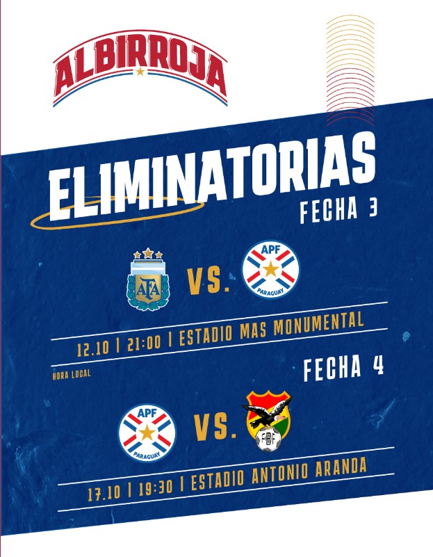 Futbolmania01's tweet photo. Bolivia 🇧🇴 visitará a Paraguay 🇵🇾 por la fecha 4 de las Eliminatorias 2026.
El partido será el martes 17 de octubre.
#BolPar
#Eliminatorias2026 https://t.co/z6ZiiCt84G