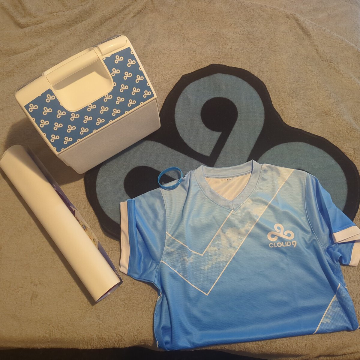 StatiCastr's tweet photo. Awful picture but the best team! Thanks for the amazing giveaway swag @C9LoL . We'll crush em at worlds #c9win https://t.co/PBukSqIO7U