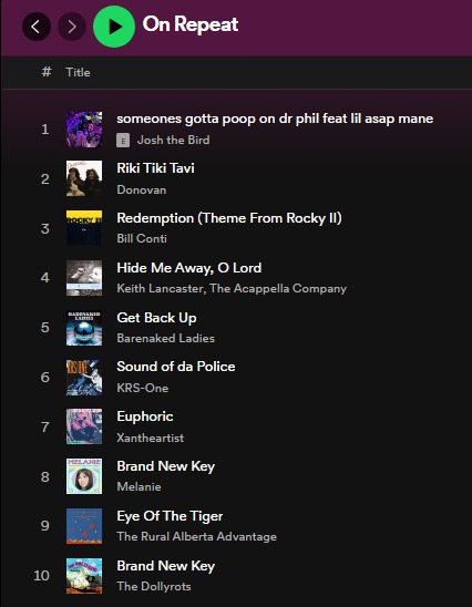 ReverendSteve's tweet image. #Spofity &quot;on repeat&quot; challenge

My repeat songs are out there 😇