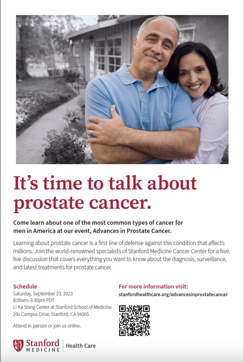 It's time to talk about prostate cancer, one of the most common types of cancer for men in America. Register for Advances in Prostate Cancer -- it's free. 
stanfordhealthcare.org/advancesinpros…

#prostatecancer #patientcare