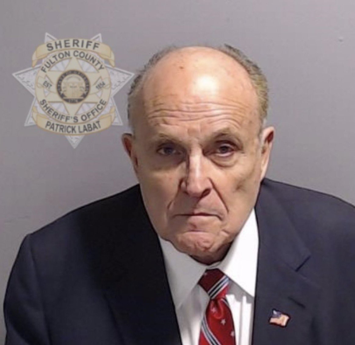 NEW: Rudy Giuliani's mugshot just released.    

In less than 24 hours, we'll also have Trump's mugshot.