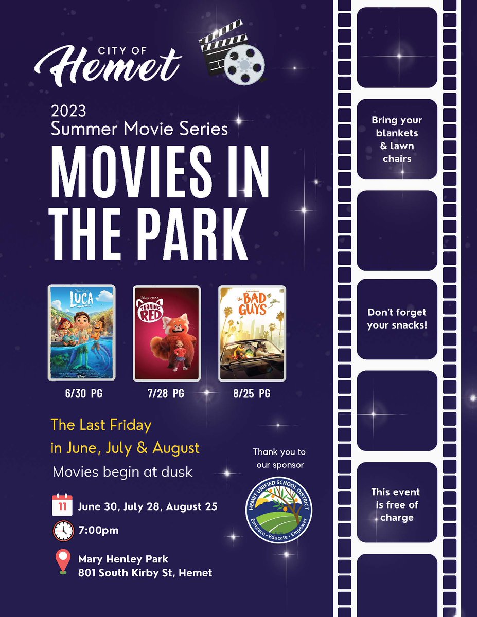 MOVIES AT THE PARK-The Bad Guys, Friday 8/25/23 @ 7PM. Mary Henley Park, 801 S. Kirby St., Hemet.
