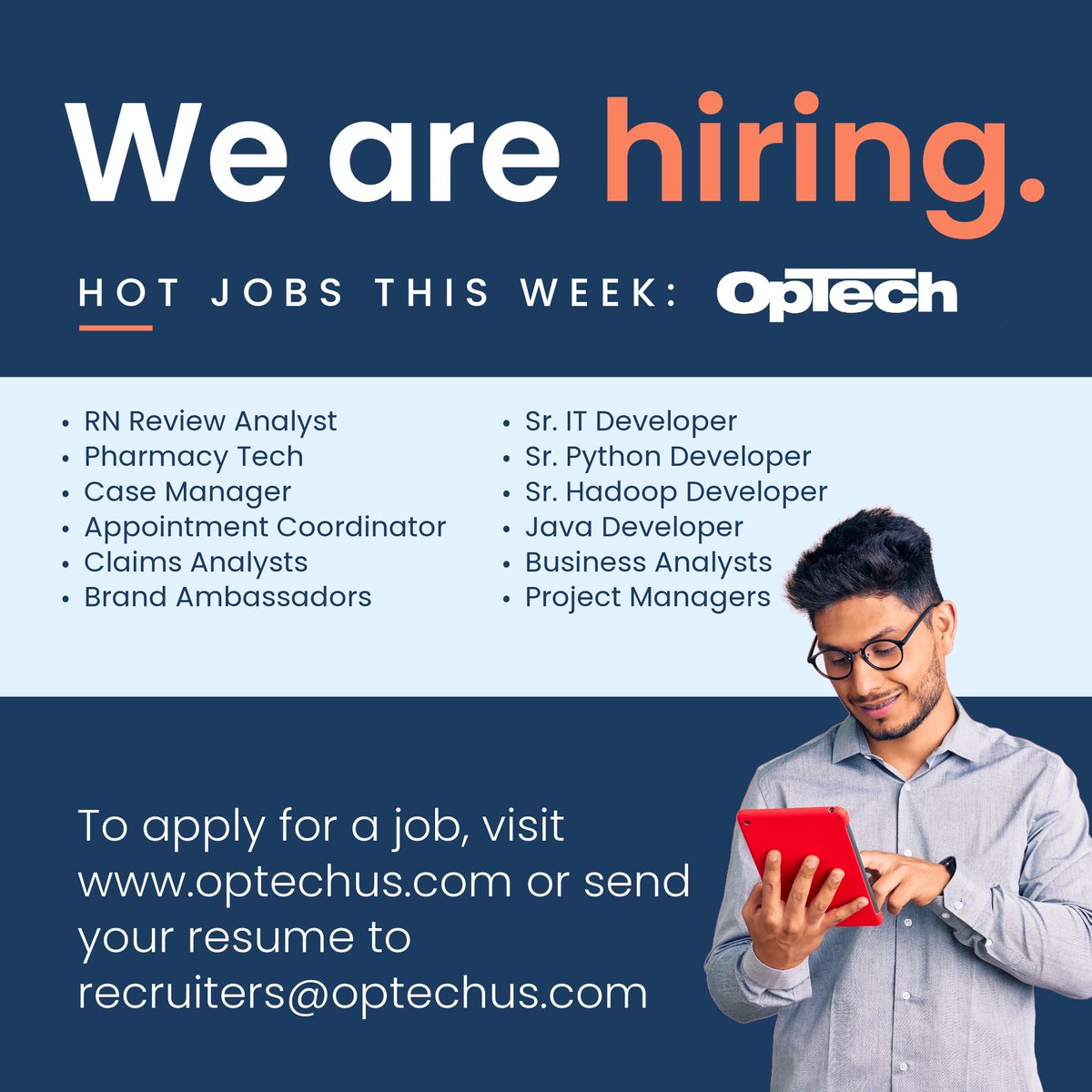 OpTechUS's tweet photo. We are hiring! Apply today at https://t.co/O6UaSixozj or send your resume to recruiters@optechus.com. 
We offer benefits on day 1 of employment and lots of options for flexibility. #jobs #careers #nowhiring #jobsearch #careersearch #opentowork #jobhunt #jobalerts #jobalert https://t.co/EJ0qtEjthz