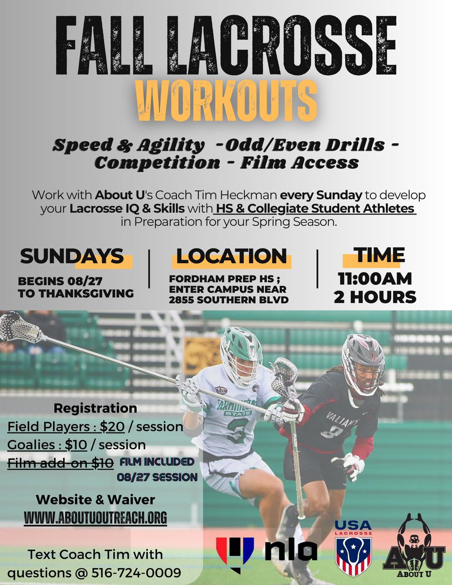 Fall Lacrosse Workouts - Calling ALL HS & Collegiate Student Athletes who want to prepare for your Spring Season. 

🥍 skills, competition, agility & game situations. Session 1 THIS SUNDAY @ Fordham Prep in Bronx. 

Registration form.123formbuilder.com/6500989/crosse… #bethebestu