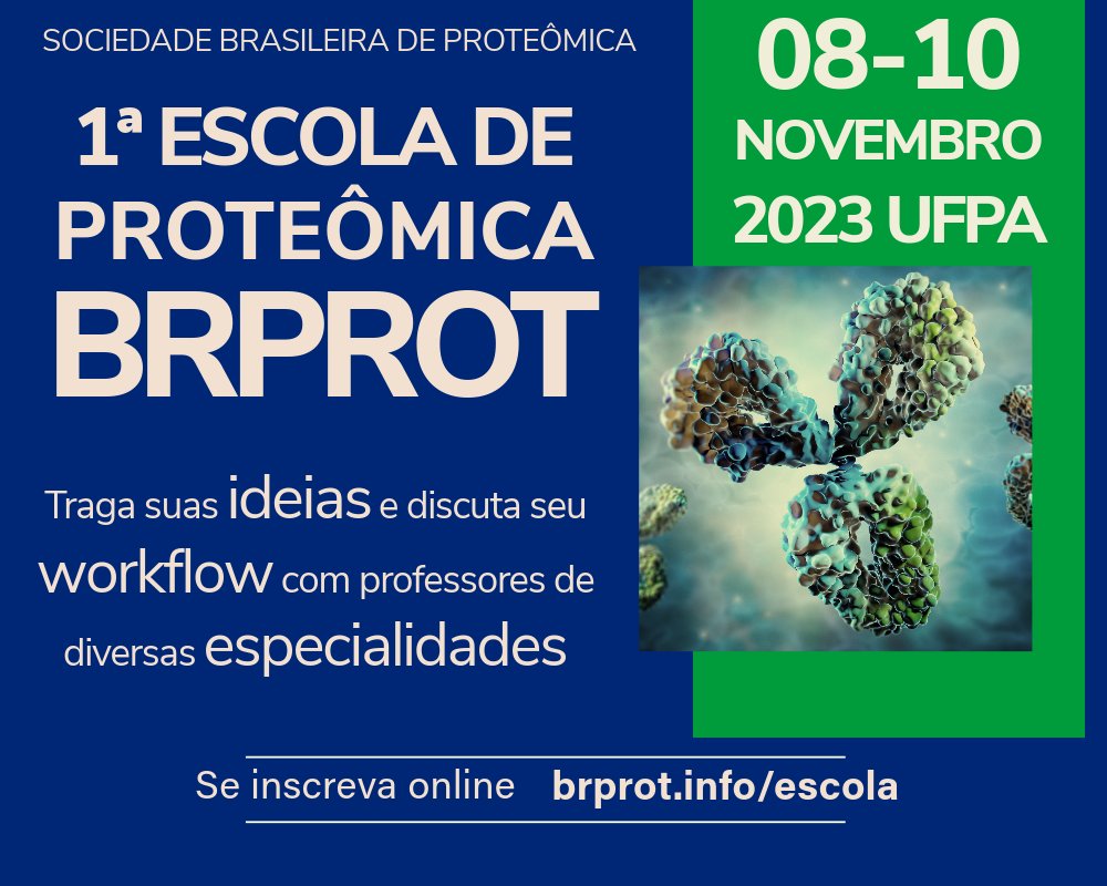 Prot_Br's tweet photo. A BrProt realizará a 1ª ESCOLA DE PROTEÔMICA BRPROT
O evento ocorrerá entre os dias 8 a 10 de Novembro de 2023.
Local: Universidade Federal do Pará, Belém, Brasil.
Inscrições: https://t.co/LD3Fqhiib2
Siga o perfil da BrProt no instagram (@brprot) e no Twitter (@Prot_Br). https://t.co/b4aTU5KuB8