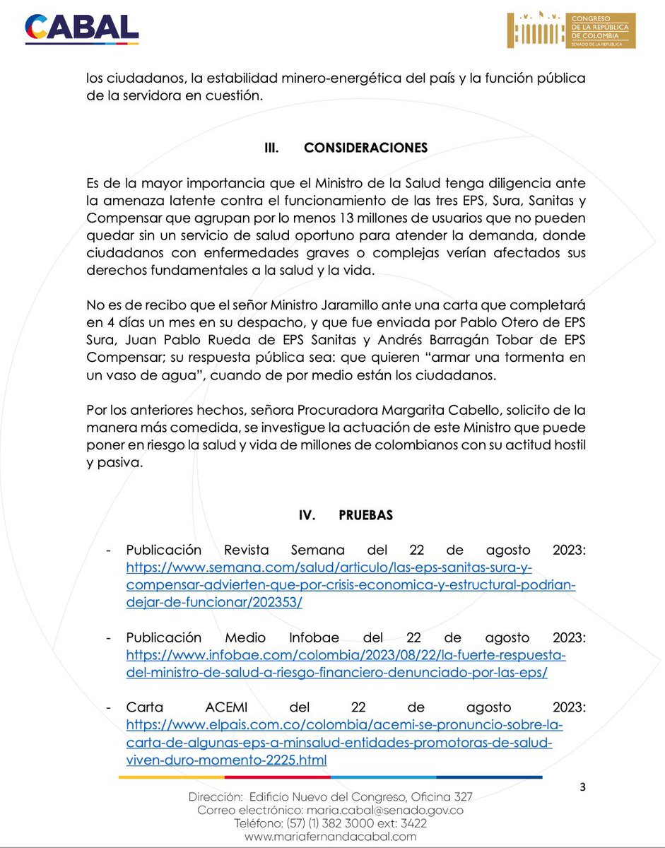 MariaFdaCabal's tweet photo. Acabo de radicar ante la Procuraduría General de la Nación, queja contra el Ministro de Salud Guillermo Alfonso Jaramillo, ante falta de acciones concretas para atender situación de EPS, Sura, Sanitas y Compensar. https://t.co/SCmc3v9KGI
