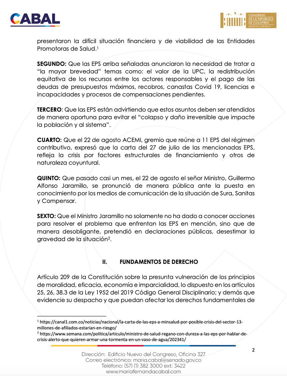 MariaFdaCabal's tweet photo. Acabo de radicar ante la Procuraduría General de la Nación, queja contra el Ministro de Salud Guillermo Alfonso Jaramillo, ante falta de acciones concretas para atender situación de EPS, Sura, Sanitas y Compensar. https://t.co/SCmc3v9KGI
