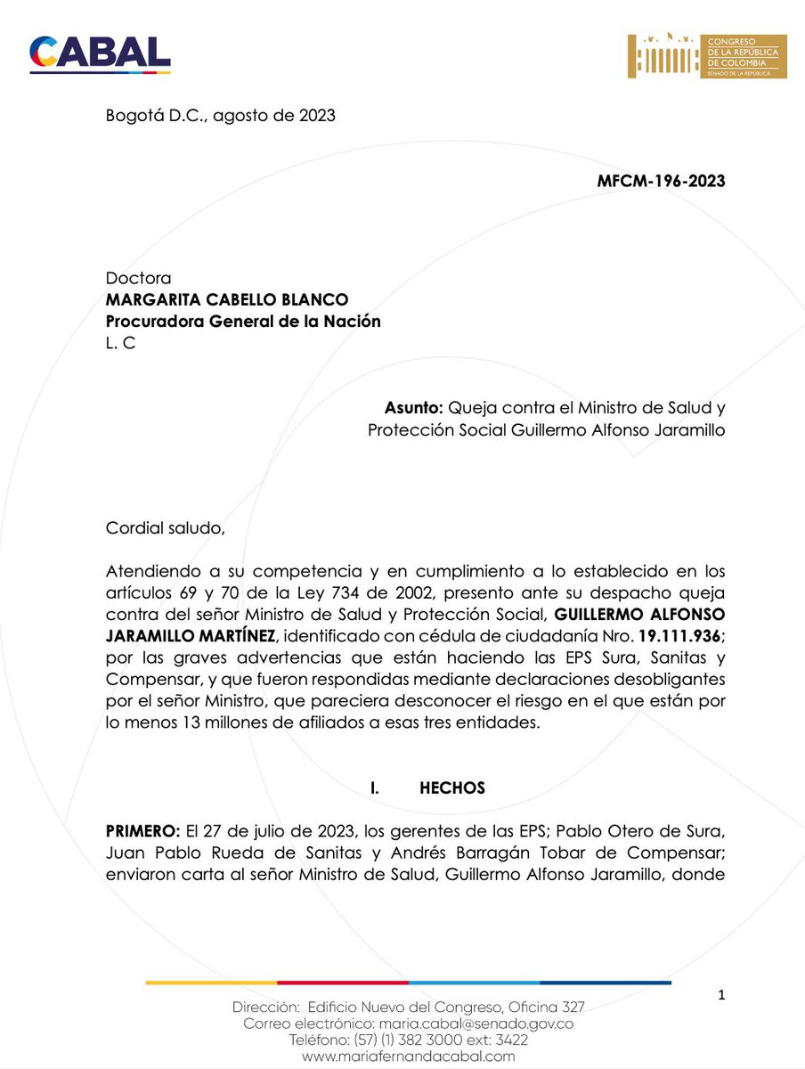 MariaFdaCabal's tweet photo. Acabo de radicar ante la Procuraduría General de la Nación, queja contra el Ministro de Salud Guillermo Alfonso Jaramillo, ante falta de acciones concretas para atender situación de EPS, Sura, Sanitas y Compensar. https://t.co/SCmc3v9KGI