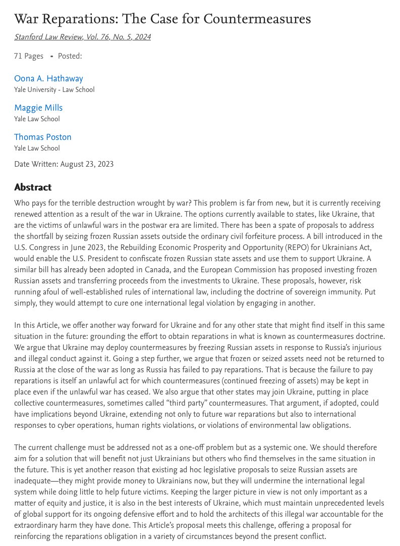 Excited to share this Article, coauthored with Maggie Mills and @thomas_poston: War Reparations: The Case for Countermeasures Forthcoming in Stanford Law Review (@StanLRev) in Spring 2024. You can read it now @SSRN: papers.ssrn.com/sol3/papers.cf…