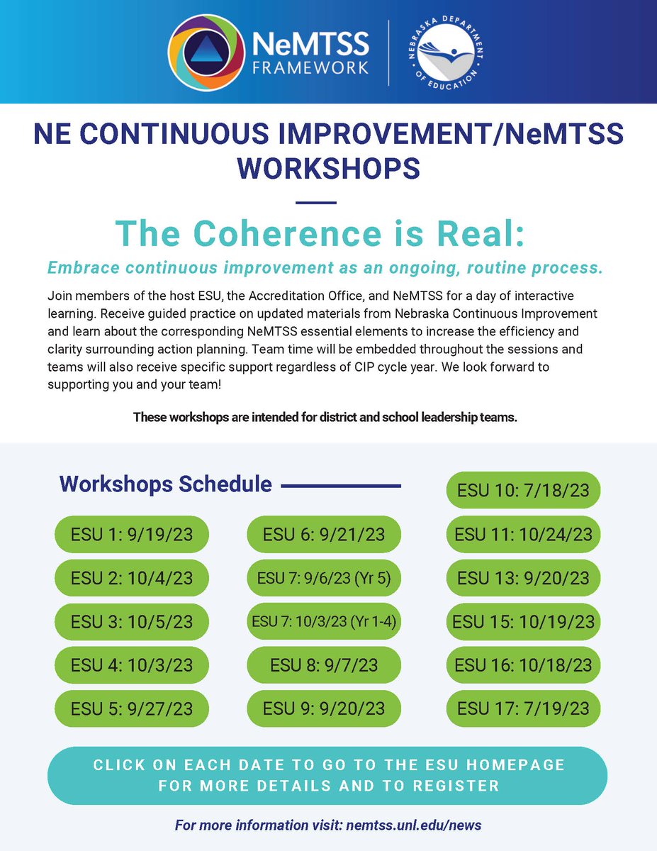 13esu's tweet photo. Let's empower our students together! 👩🎓🧑🎓 Don't miss these dynamic workshops about Continuous Improvement/Multi-Tiered Systems of Support (MTSS). Join #ESU13, the Accreditation Office and NeMTSS for a day of interactive learning
https://t.co/NiQmj4aSDU...
#nebraskaeducation https://t.co/2UVWIaJ2JL