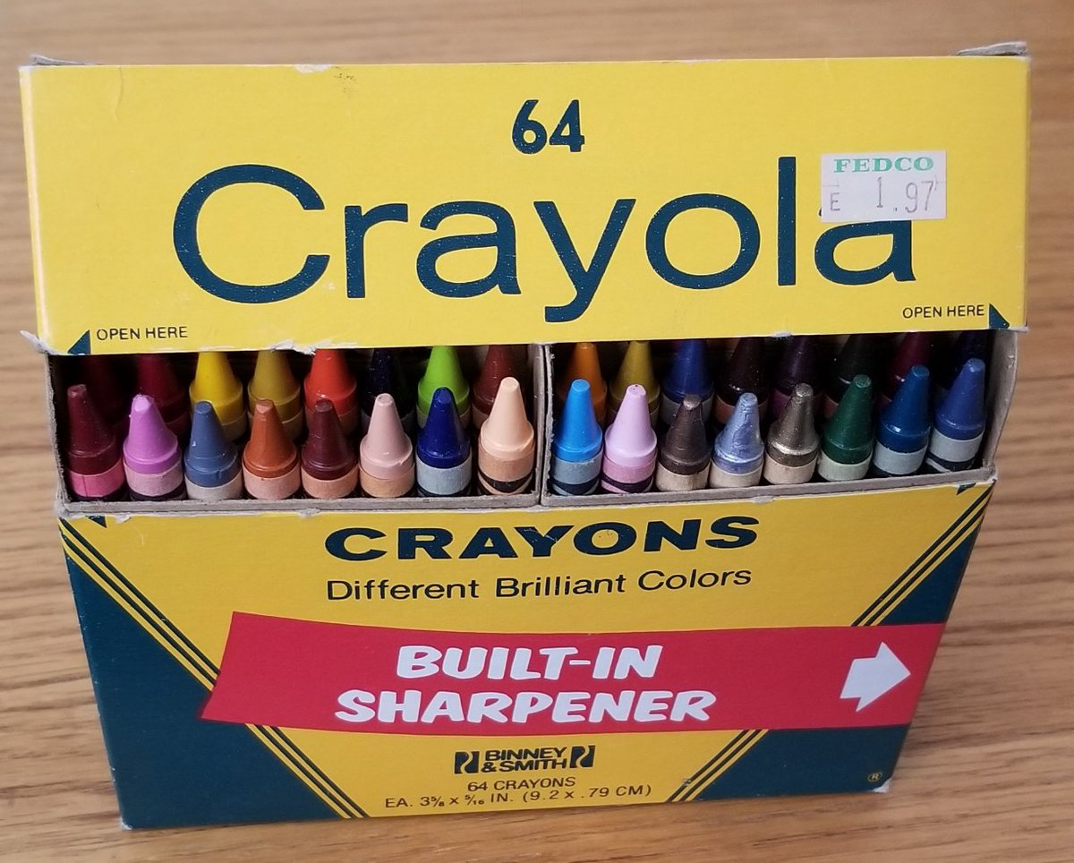Otalia69's tweet photo. #BackToSchool 📚 #Crayola #crayons, do they still use these? I have a #vintage #BoxOf64 from #FEDCO, w/ a built-in sharpener...🖍
#SFV #WaybackWednesday #VanNuys #DadSavedEverything https://t.co/ahFQDph2Pg