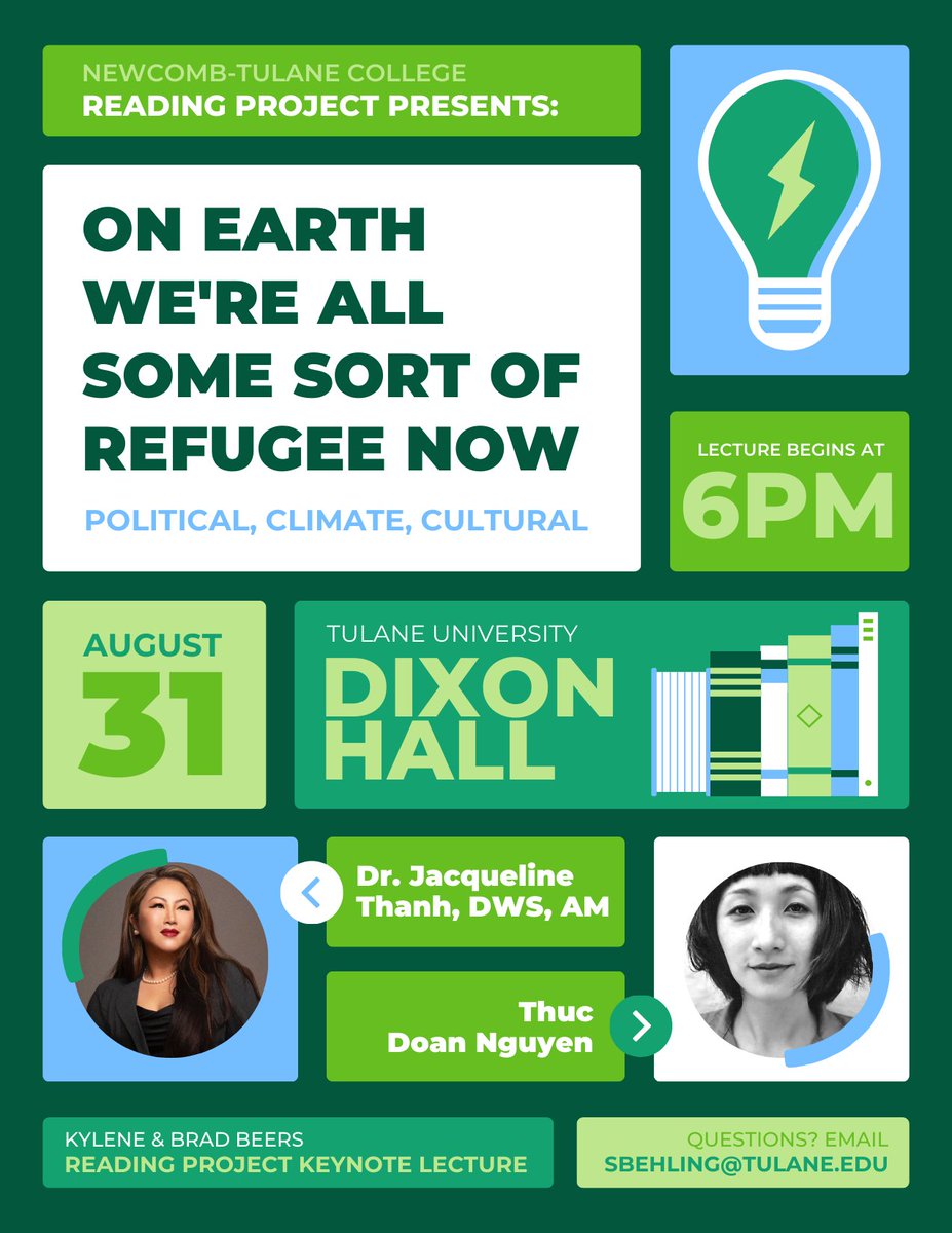 Join the Newcomb-Tulane College on Thursday, August 31 at 6:00 pm in Dixon Hall for the 2023 Kylene and Brad Beers Reading Project Keynote Lecture, On Earth We’re All Some Sort of Refugee Now: Political, Climate, Cultural.   We hope to see you there!