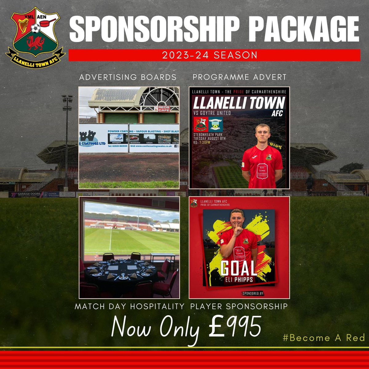 🤝 | Become A Red - Sponsorship Package 🧵 

📧 For more information please contact the page or Jordan on commercial@llanellitownafc.com 

#RedTown #BecomeARed