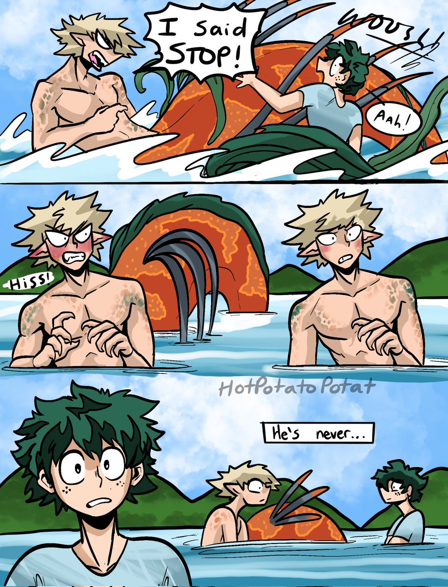 HotPotatoPotat's tweet photo. "Bakumer Meets All Might" (1/2)

Deku mistakes Bakugou mer's attempt to cover up his mating colors with actual danger!! 

Luckily, All Might, (also a biologist) diffuses the situation...uh...Sorta...

[bkdk mer au]
 [#bkdk #deku #bakugou #allmight #kiriseal #shoto #mha] https://t.co/9R8HIR82LK