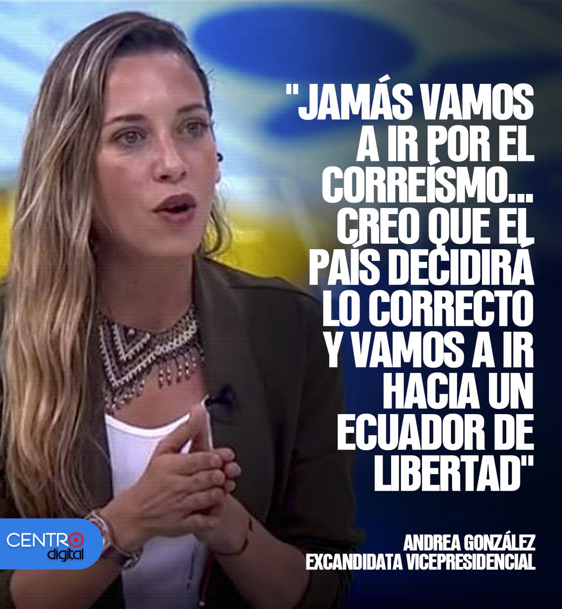 radiocentroec's tweet photo. #ATENCIÓN: La excandidata vicepresidencial, Andrea González Nader, afirmó que para la segunda vuelta electoral no votará por el correísmo y que votará por la opción que dará "libertad al país".

🗣"Jamás vamos a ir por el correísmo... Creo que el país decidirá lo correcto y vamos a ir hacia un Ecuador de libertad".

González fue candidata a vicepresidenta por el movimiento Construye junto a Fernando Villavicencio. Luego del asesinato de este último, Christian Zurita pasó a ser el candidato oficial.