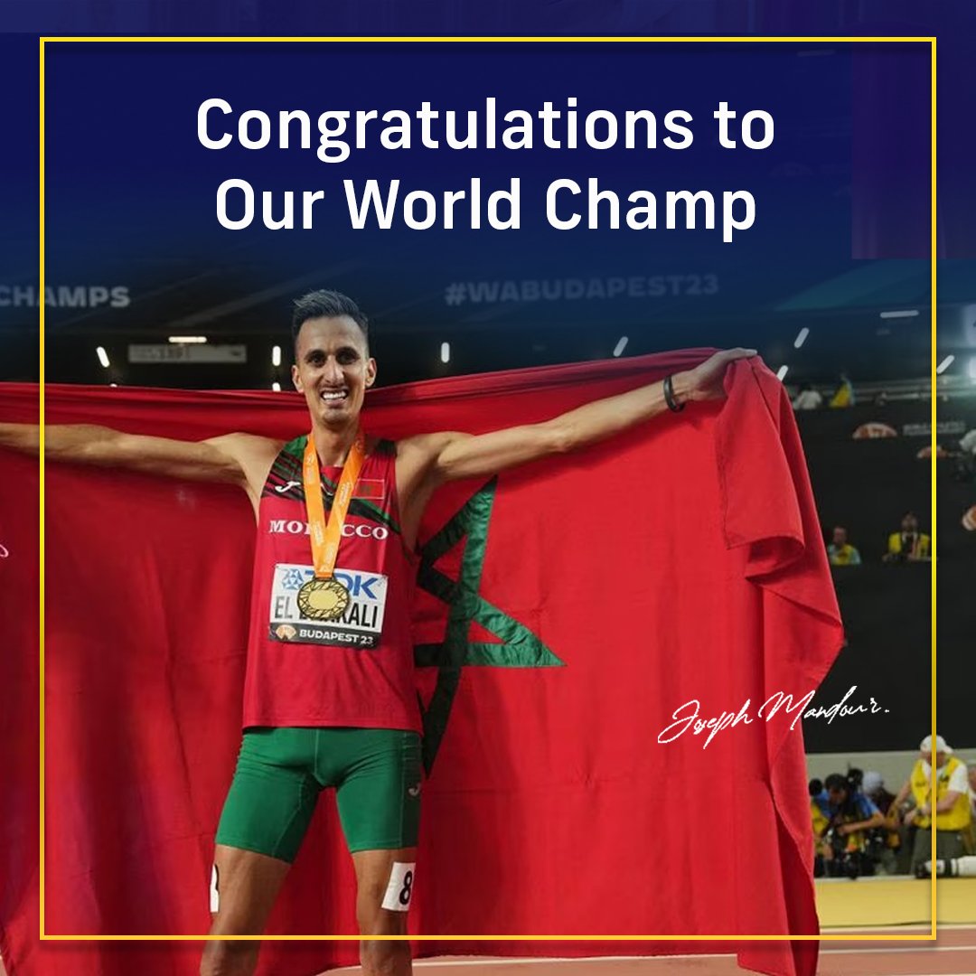 MandourJoseph's tweet photo. هنيئا لبطل العالم سفيان البقالي الذي أبهر المغاربة مرة أخرى بفوزه العالمي في سباق 3000 متر موانع ضمن بطولة العالم لألعاب القوى 2023 في بودابست. بفضل الرعاية الفائقة التي يوليها لها صاحب الجلالة الملك محمد السادس نصره الله نشهد ازدهارا للمجال الرياضي المغربي. https://t.co/DyAZpMefZE