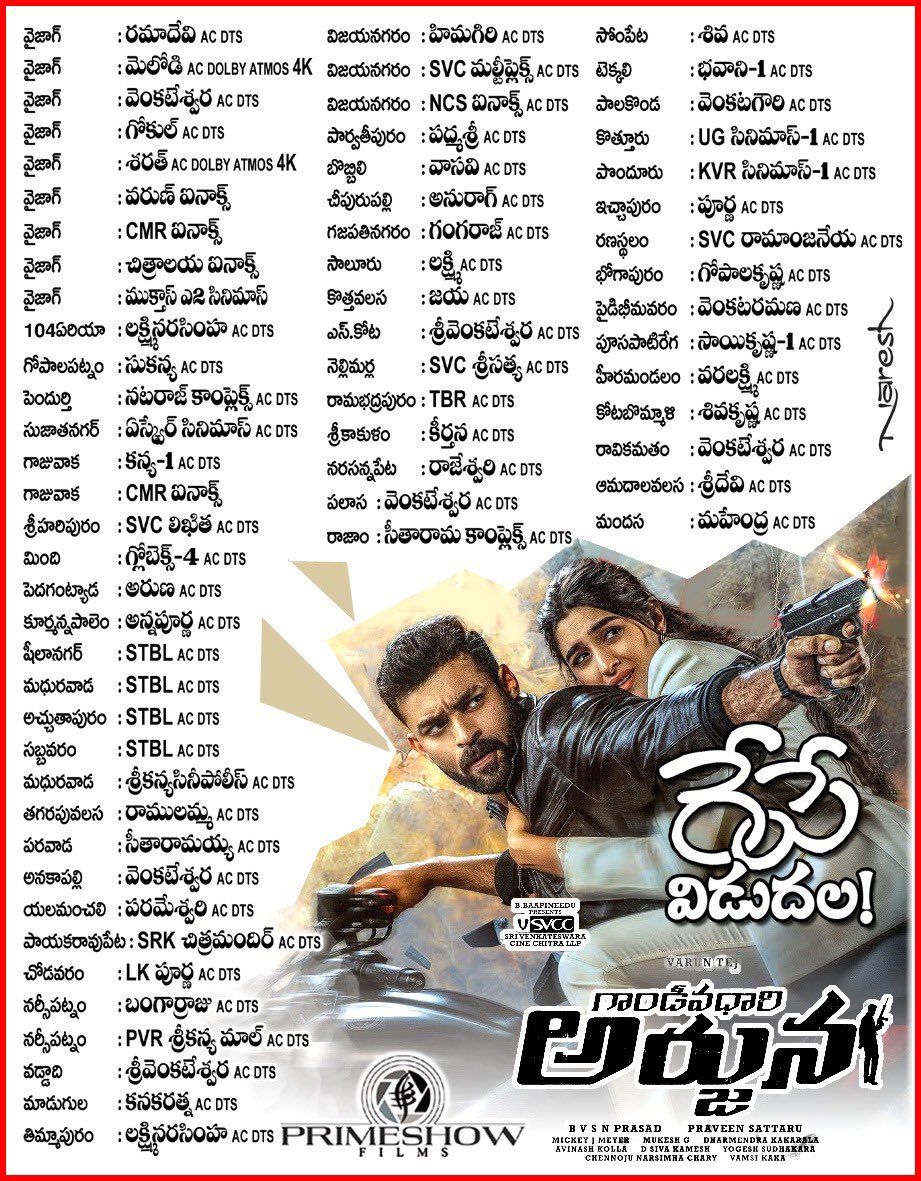 #GandeevadhariArjuna UA Theaters list

Bookings Opened, Grab Tickets

Uttarandra Release by <a href="/primeshowfilms/">Primeshowfilms</a> 

<a href="/IAmVarunTej/">Varun Tej Konidela</a> <a href="/sakshivaidya99/">Sakshi Vaidya</a> <a href="/PraveenSattaru/">Praveen Sattaru</a> <a href="/MickeyJMeyer/">Mickey J Meyer</a> <a href="/BvsnP/">Bvsn Prasad</a> <a href="/SVCCofficial/">SVCC</a> 

#GDAonAugust25th