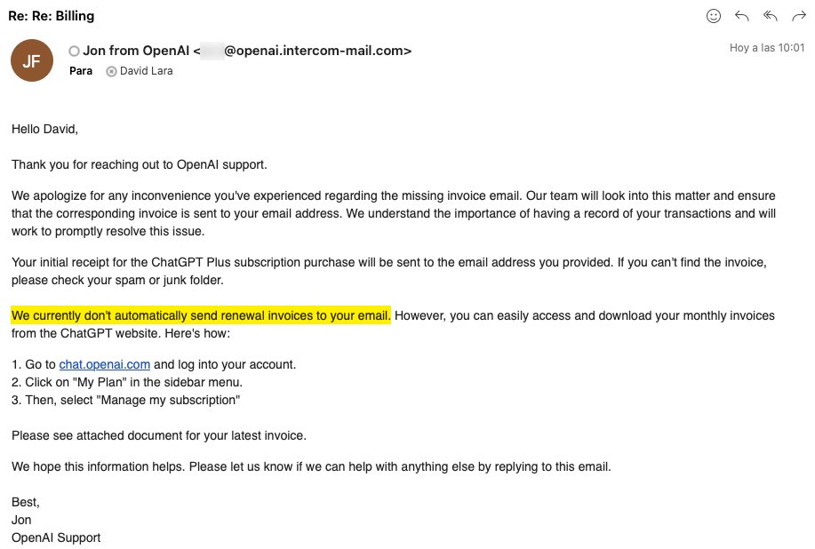 davidlaram's tweet photo. @OpenAI After 4 months and 21 messages, you finally tell me that you don't send monthly invoices by email! The worst support service ever! https://t.co/xPd2nzfYiN