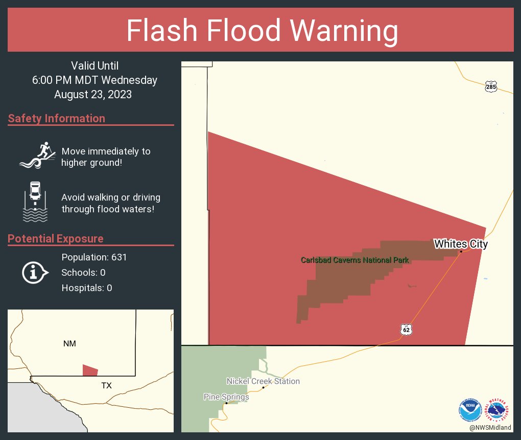 Bat Flight Program for Wednesday, August 23, 2023 is CANCELLED. The National Weather Service Midland Office has issued a Flash Flood Warning for an area including Carlsbad Caverns National Park. The warning is valid until 6:00 MDT.
