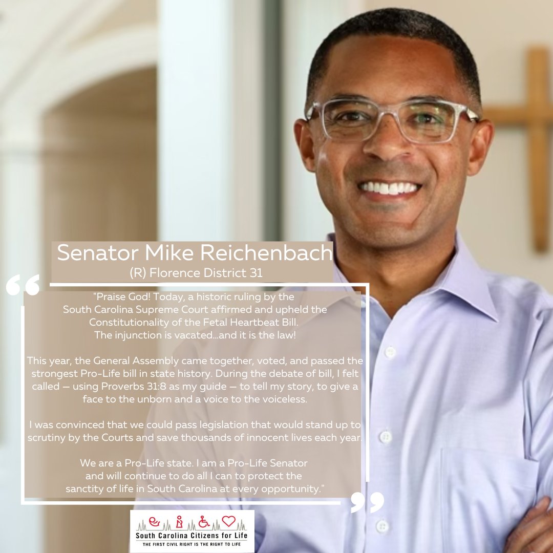 LIFEforSC's tweet photo. Senator Mike Reichenbach, (R) - Florence District 31 praised the ruling by the S.C. Supreme Court. Read more here: https://t.co/wZ2VmziWy0
#mikeforsc #prolifegeneration #life4sc #southcarolinaisprolife #itsagreatdayinsouthcarolina https://t.co/klJJ1mVt9o