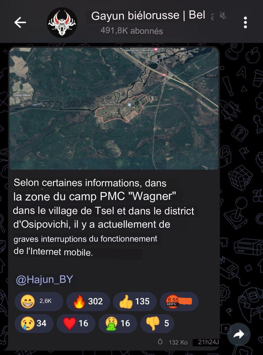 Infos247_FR's tweet photo. 🇷🇺 ALERTE INFO - Selon les chaînes d'opposition de Loukachenko, des pannes d'Internet ont eu lieu dans la région où séjournent les membres de Wagner en Biélorussie. 

(Telegram)

#Prigozhin #Wagner #Russia #UkraineRussianWar #WagnerGroup https://t.co/AwEqXQSIkr