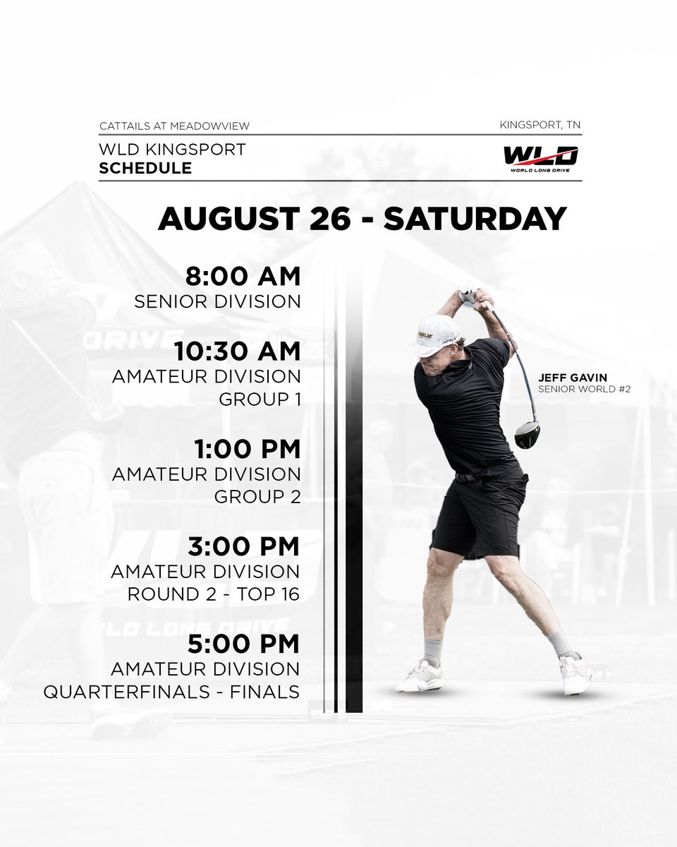 WorldLongDrive's tweet photo. A look at the upcoming schedule for WLD Kingsport 🙌🏼

Don’t miss the finals live on @GolfChannel Monday at 8PM EST!

#WLDGolf https://t.co/L3Z1wWH3m4