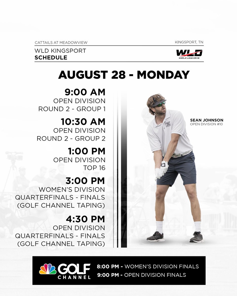 WorldLongDrive's tweet photo. A look at the upcoming schedule for WLD Kingsport 🙌🏼

Don’t miss the finals live on @GolfChannel Monday at 8PM EST!

#WLDGolf https://t.co/L3Z1wWH3m4