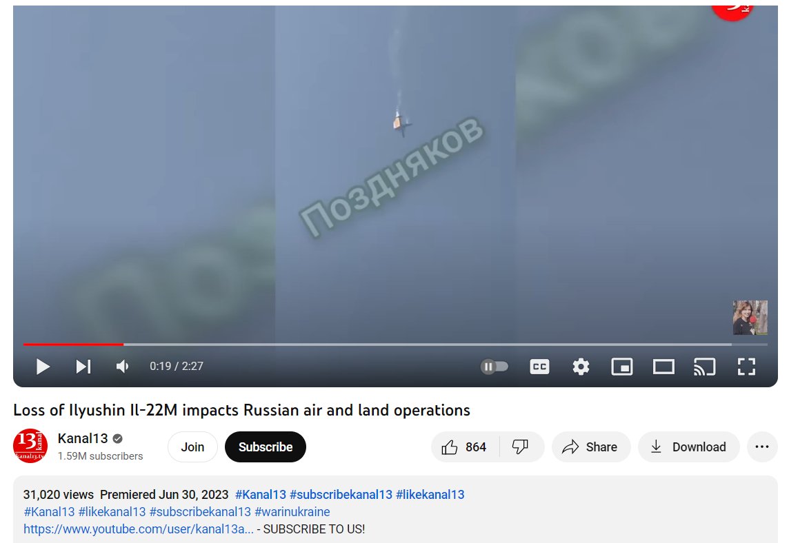 This video, claiming to show the deadly crash of a plane carrying Wagner chief Yevgeny Prigozhin, has been viewed nearly a million times.

It shows the shooting down of a Russian Ilyushin Il-22M aircrat during Wagner's mutiny in June.