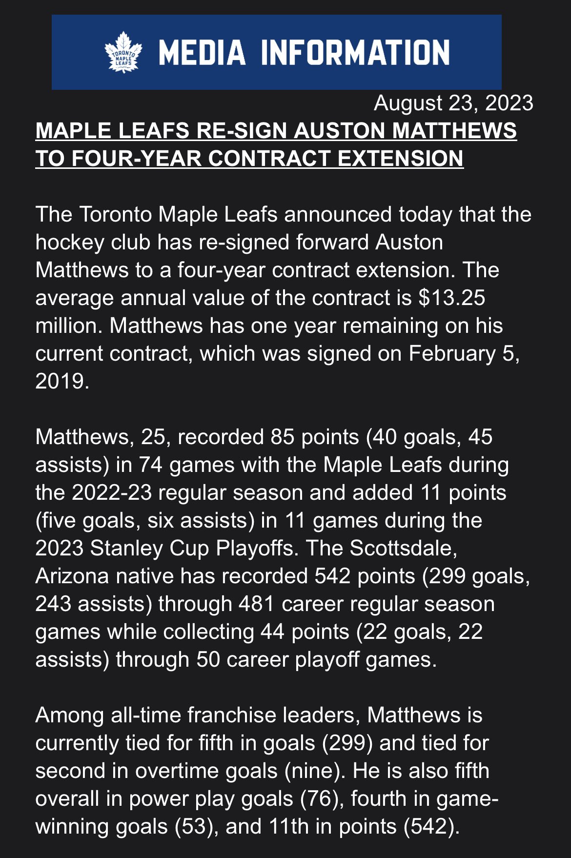 Auston Matthews signs four-year, $53 million Maple Leafs extension