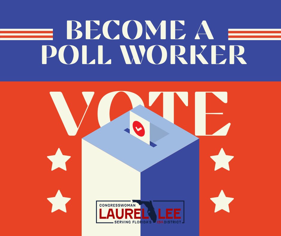 RepLaurelLee's tweet image. Happy National Poll Worker Day! Poll workers are critical to ensuring our nation has transparent and secure elections. 

Learn more about how you can #HelpAmericaVote and serve your community as a poll worker at HelpAmericaVote.gov