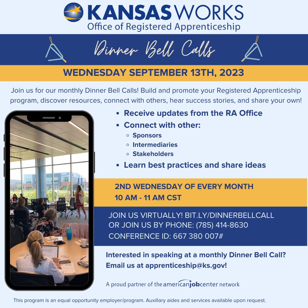 KansasWorkforce's tweet photo. Our next Office of Registered Apprenticeship Dinner Bell Call is just a few weeks away! We invite you to join us September 13th at 10AM to discuss everything that's happening in the world of apprenticeship. Register here for the free virtual event: https://t.co/cyQA5M5Qf2 https://t.co/tmVIaZnT5H