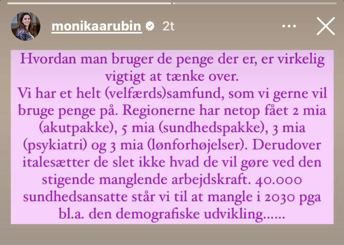 Sofie de Bretteville Olsen (@sofiedebrette) on Twitter photo Kære <a href="/MonikaaRubin/">monika rubin</a>
Det ville klæde dig at fremhæve at sundhedspakken først er fuldt indfaset i 2030 (100 mio. i 2023), at 10-års planen knapt er udmøntet og at løn ikke er forhandlet på plads og i øvrigt er finansieret af egene besparelser. #dkpol #sundpol Kære <a href="/MonikaaRubin/">monika rubin</a>
Det ville klæde dig at fremhæve at sundhedspakken først er fuldt indfaset i 2030 (100 mio. i 2023), at 10-års planen knapt er udmøntet og at løn ikke er forhandlet på plads og i øvrigt er finansieret af egene besparelser. #dkpol #sundpol