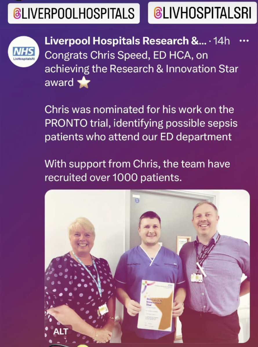 alicee1500's tweet photo. Fantastic Chris our outstanding HCA @royal ED @LivHospitals on reviewing your  research and innovation ⭐️ award 👏👏👏@LynnLenno @SamWestwell @davidfmelia @JimGardner63 @natalie_brockie @Jsrathoe69 @paulevoevans 👏👏#beatsepsis #research is for all ⭐️ https://t.co/6IOgrVdrCD