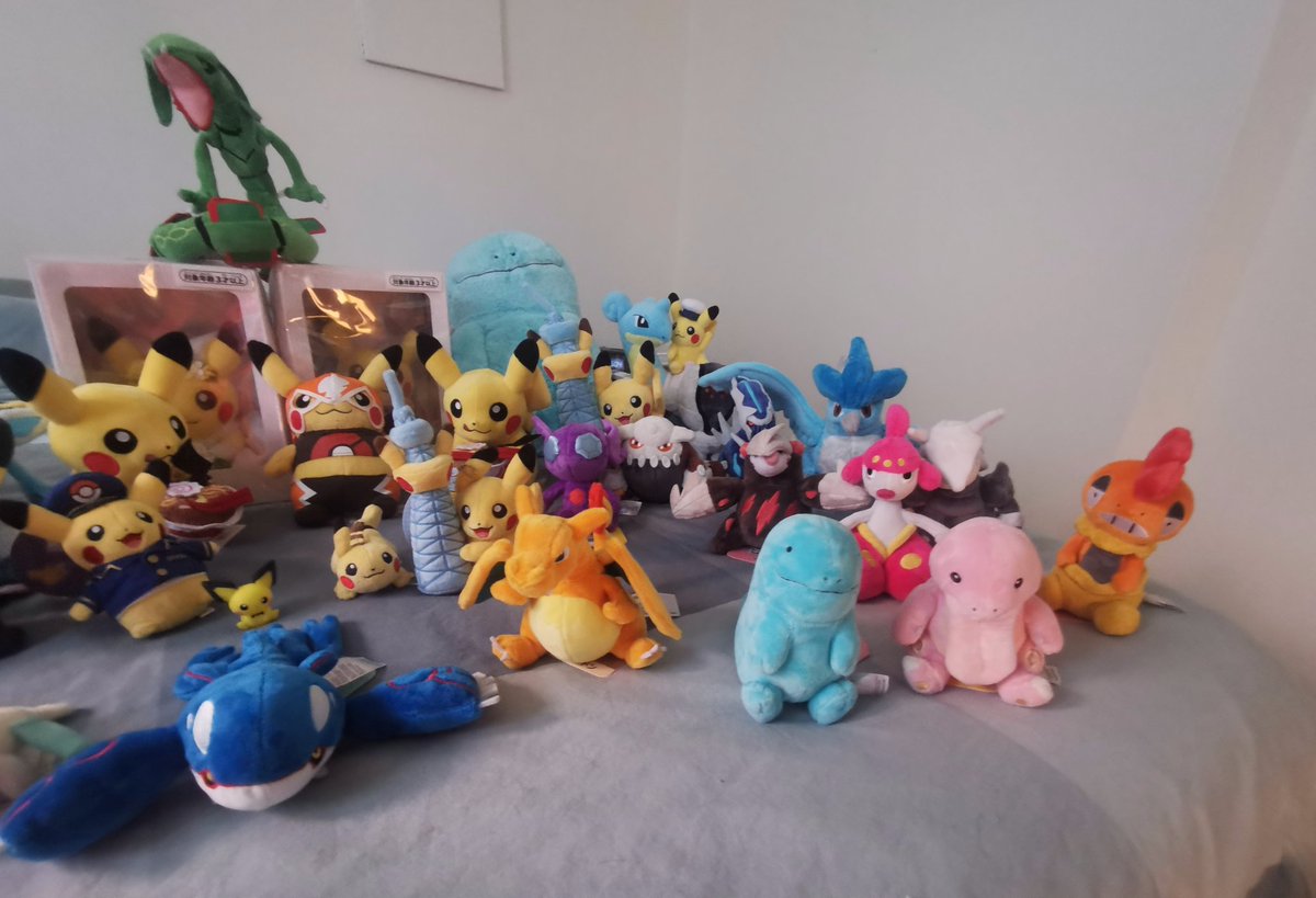 Plushy #Pokédex is coming along nicely 😊  left side is my contribution and the right side belongs to my dear <a href="/uberjudgement/">Uberjudgement</a>. Notably missing: the Shibuya Pikachu (we tried very hard to get but it was out of stock 😥) 

#PokemonWorlds #PokemonPlushy #PikachuPlushy